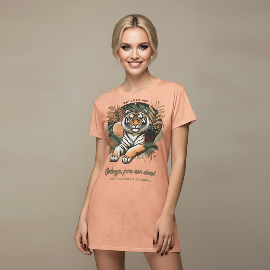 Tiger Belleza 2025 Wildlife T-Shirt Dress peach