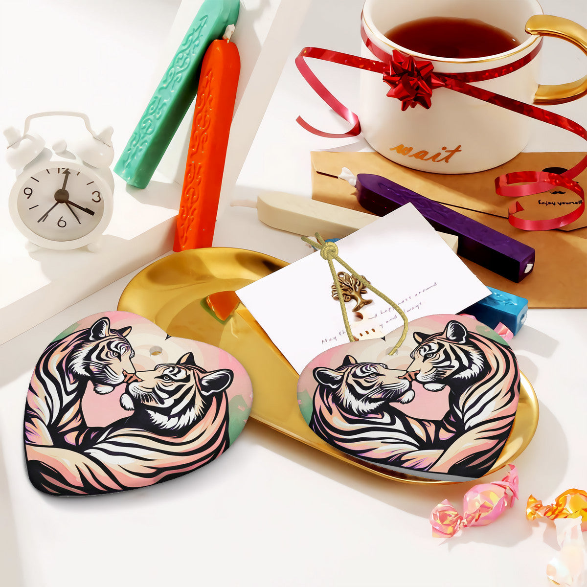 Tiger Harmony Ceramic Heart Shape Christmas Pendant