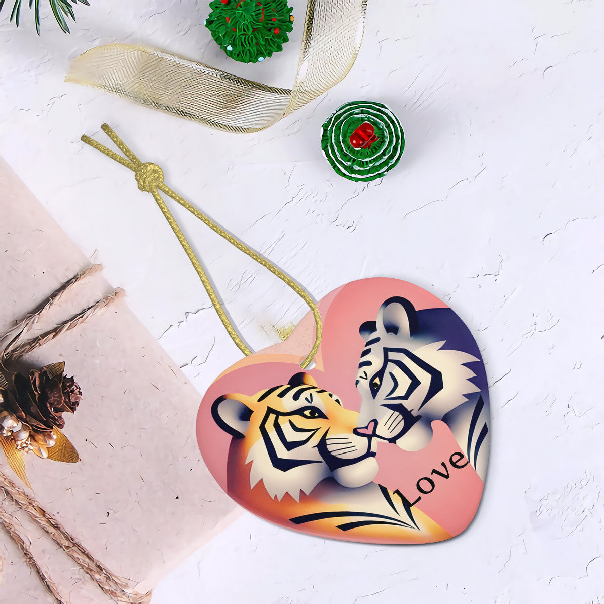 Tiger Love Ceramic Heart Shape Christmas Pendant