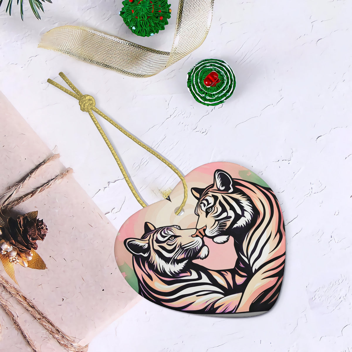 Tiger Harmony Ceramic Heart Shape Christmas Pendant