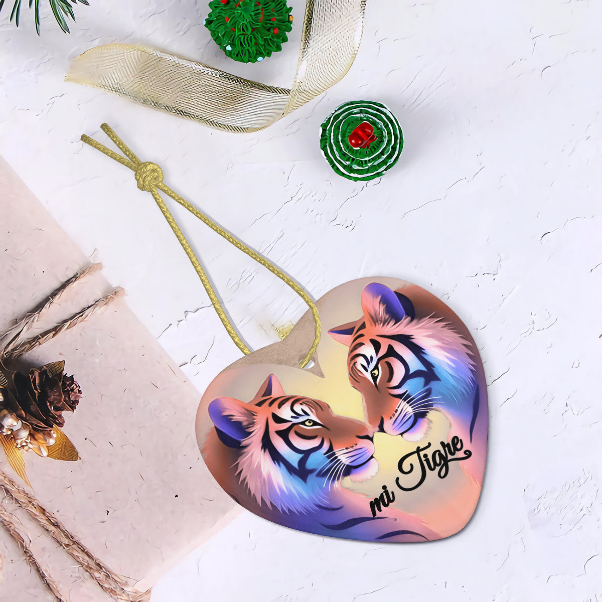 Tiger Grace Ceramic Heart Shape Christmas Pendant