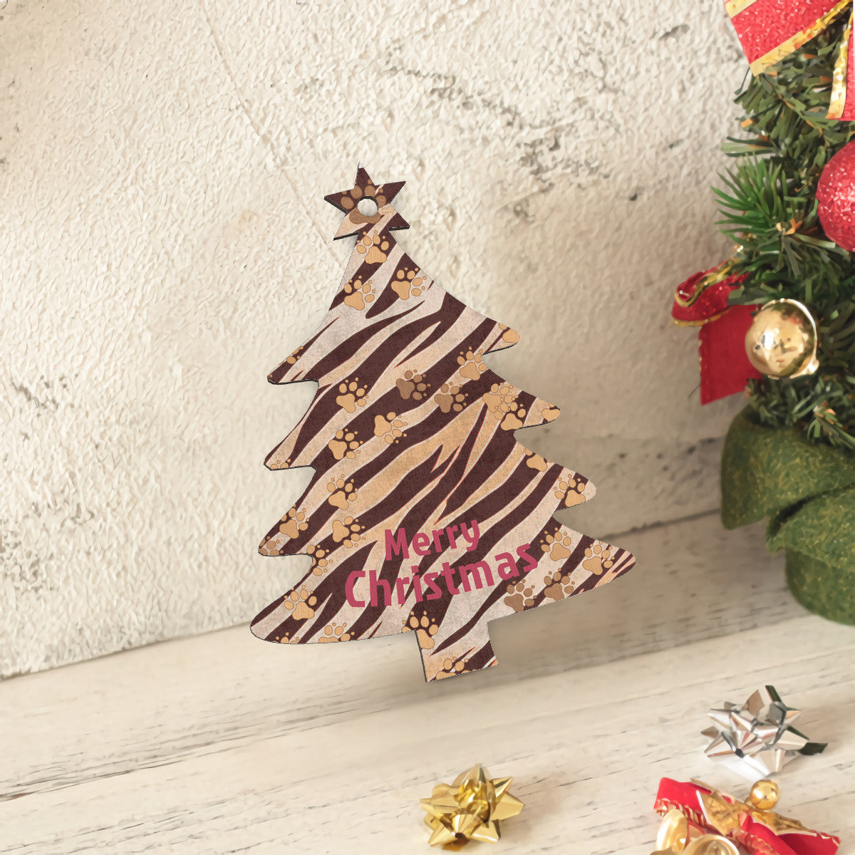 Tiger Stripes Wooden Christmas Tree Hanging Ornament