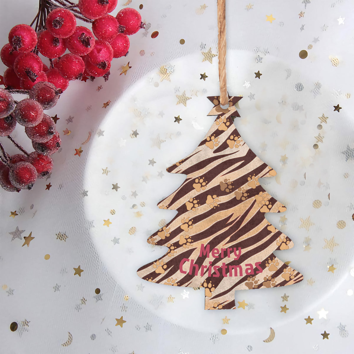 Tiger Stripes Wooden Christmas Tree Hanging Ornament