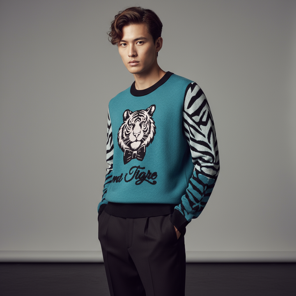 mi Tigre Knitted Unisex Crew Neck Sweater - petrol