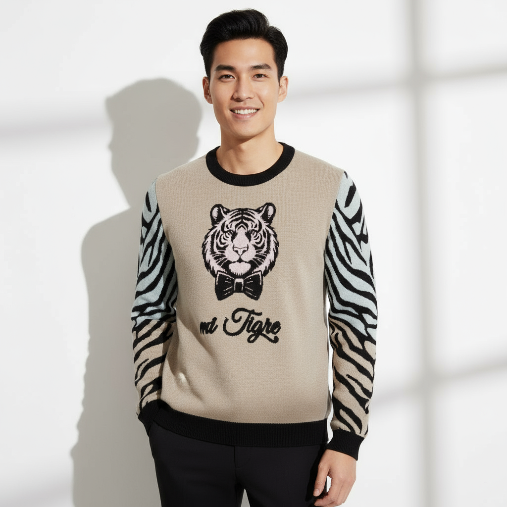 mi Tigre Knitted Unisex Crew Neck Sweater - beige