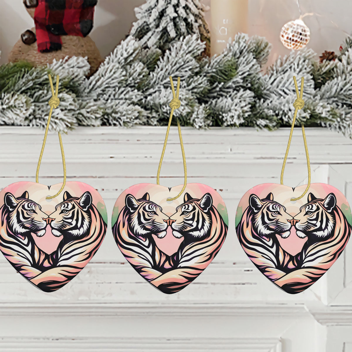 Tiger Harmony Ceramic Heart Shape Christmas Pendant