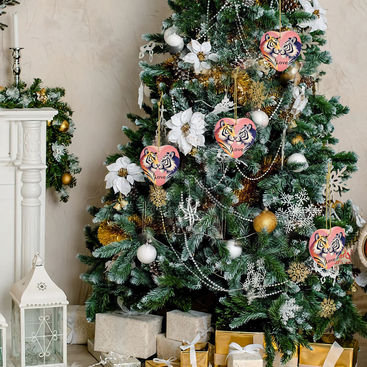 Tiger Cozy Love Ceramic Heart Shape Christmas Pendant