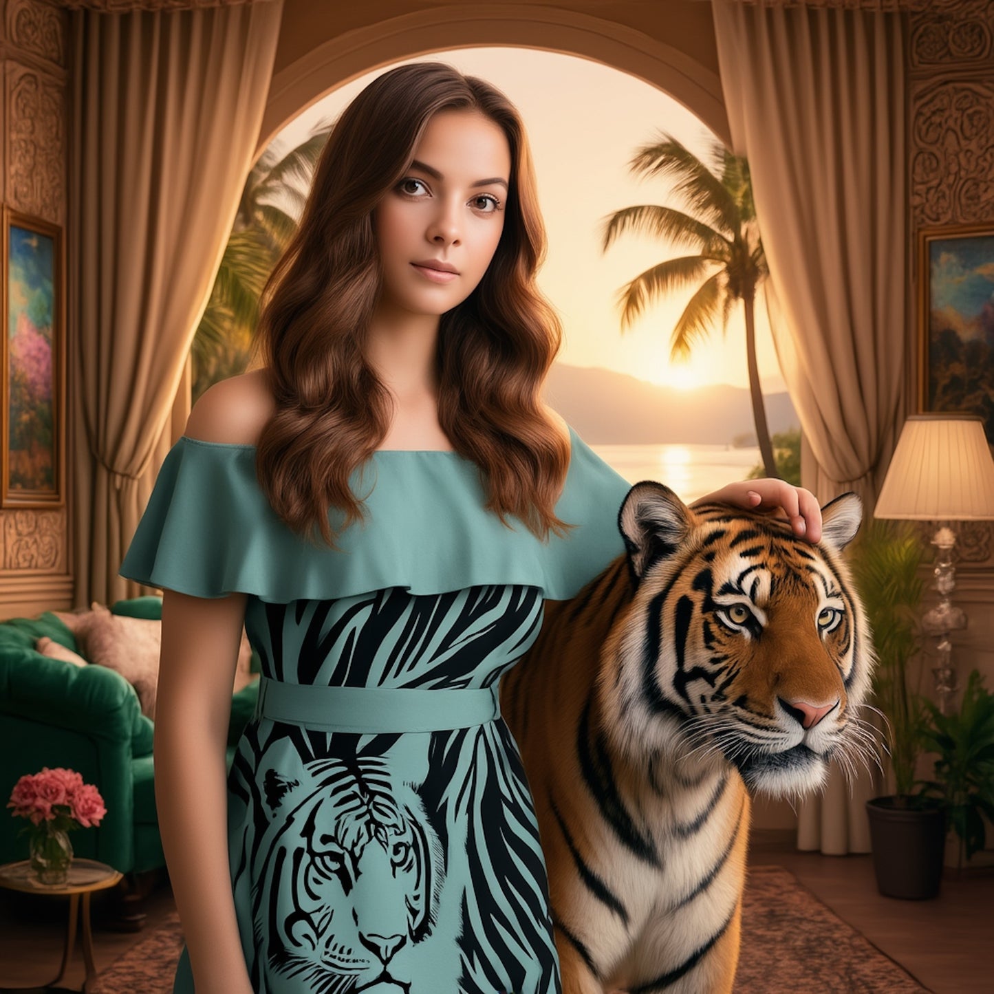 Tigers Secret Garden Off-Shoulder Dress petrol💖🐅