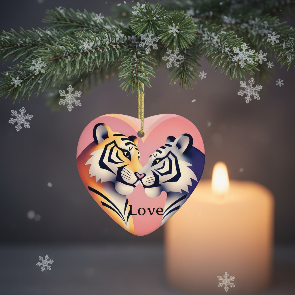 Tiger Cozy Love Ceramic Heart Shape Christmas Pendant