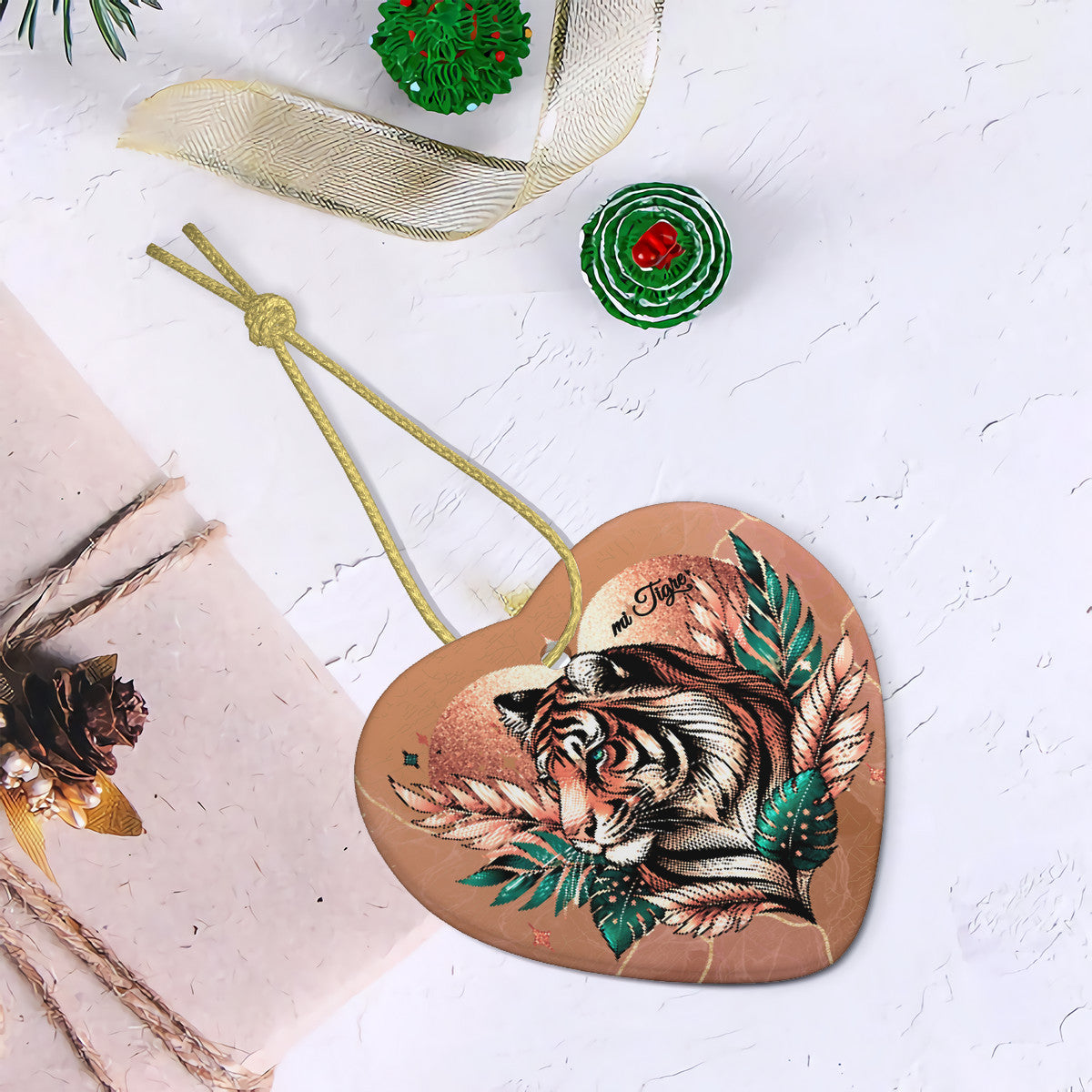 mi Tigre Pixel Ceramic Heart Shape Christmas Pendant