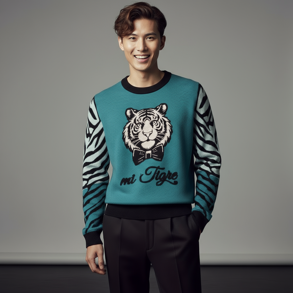 mi Tigre Knitted Unisex Crew Neck Sweater - petrol