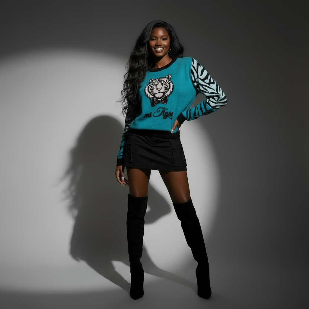 mi Tigre Knitted Unisex Crew Neck Sweater - petrol