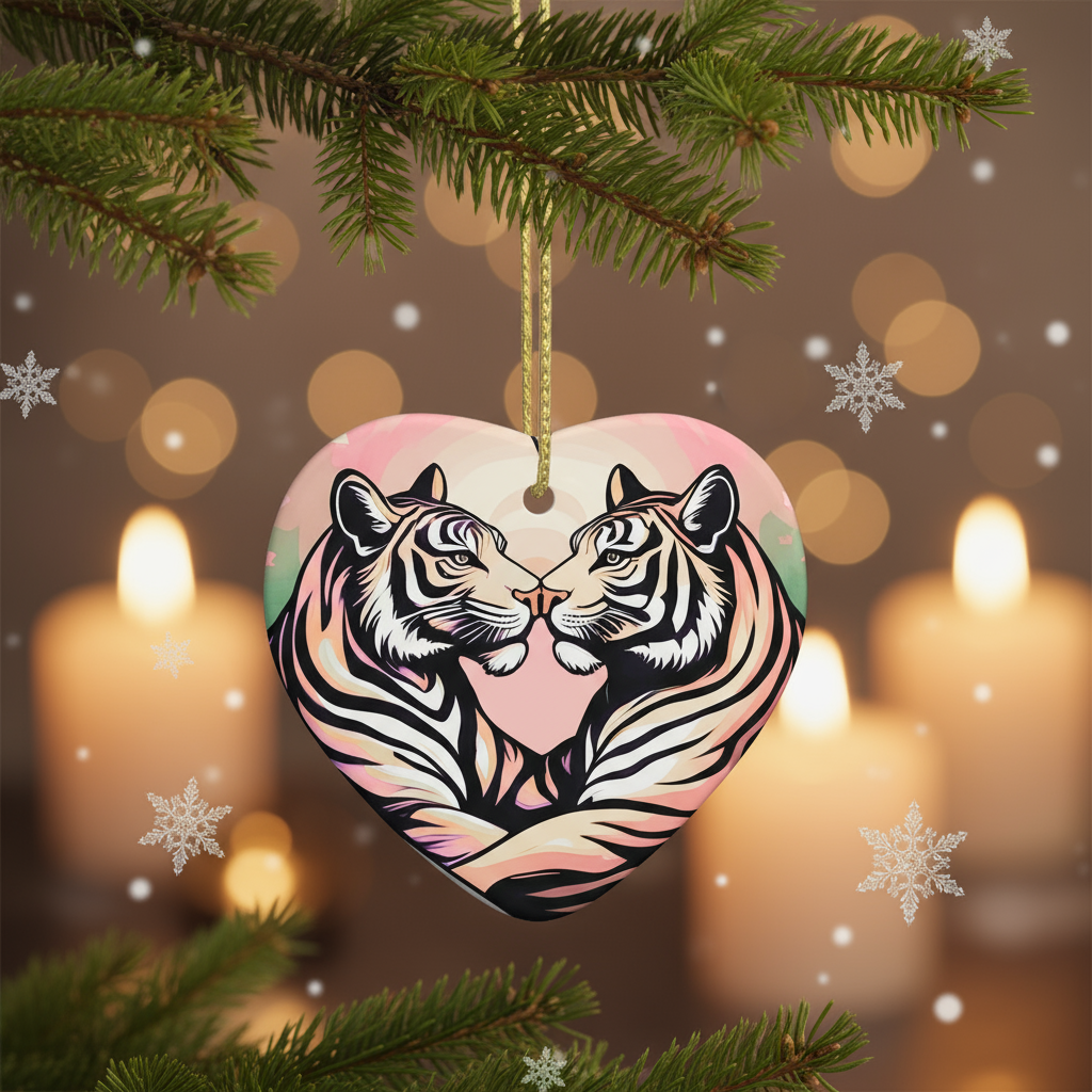 Tiger Harmony Ceramic Heart Shape Christmas Pendant