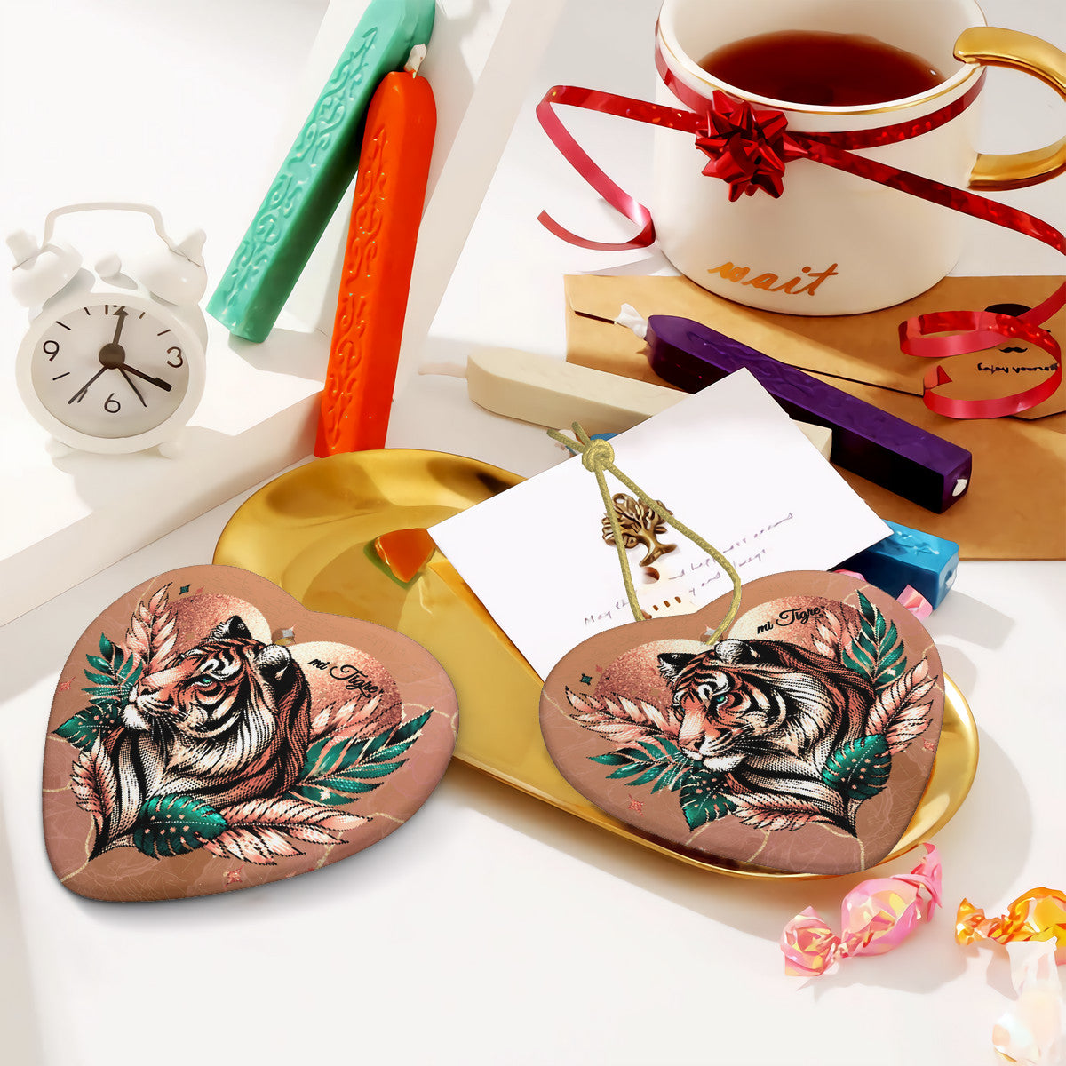 mi Tigre Pixel Ceramic Heart Shape Christmas Pendant